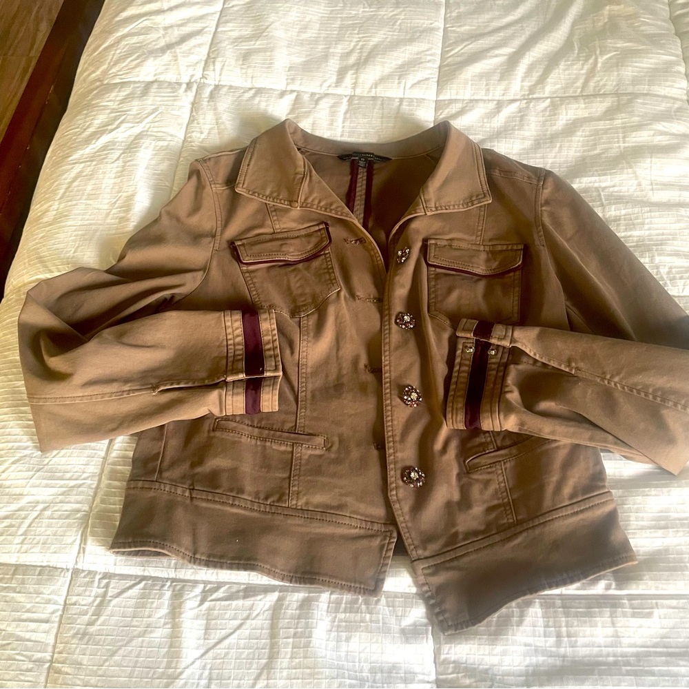 White House black market beautiful jeweled button jacket with burgandy trim